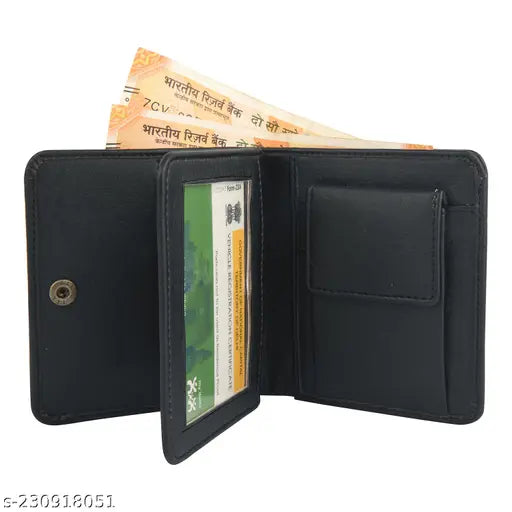 Faux leather men's wallet with ID window, coin pocket, and multi-card compartment in a modern tan color