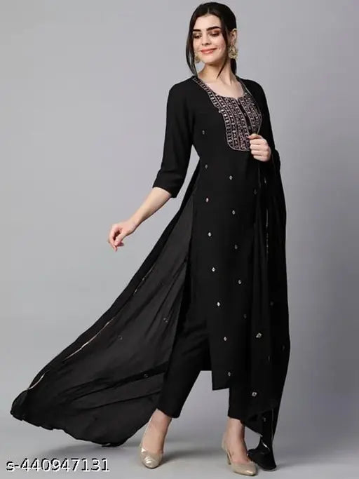 Black cotton blend printed straight kurta set with dupatta and bottomwear, embellished women's wear from GoSriKi, three-quarter sleeves, India-made fashion