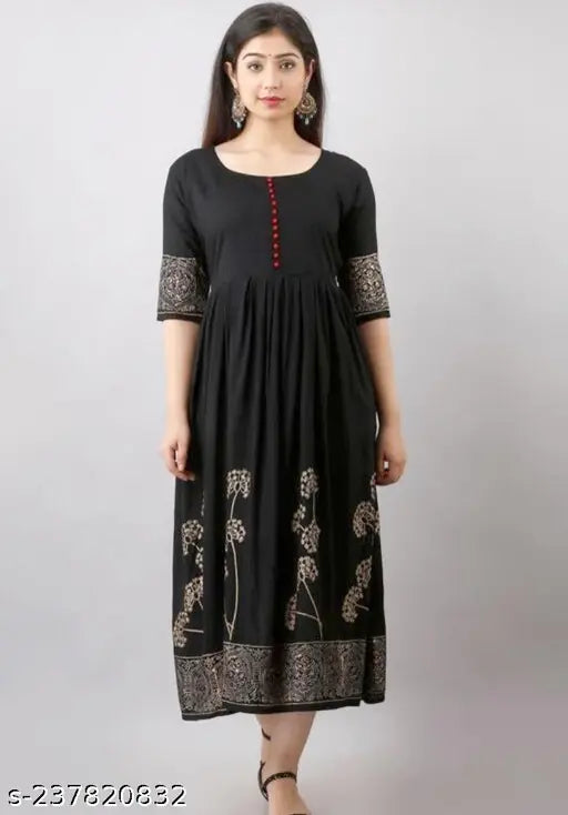 Black rayon flared kurta with three-quarter sleeves and printed hand block design, ideal for casual or formal wear