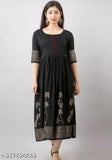 Black rayon flared kurta with three-quarter sleeves and printed hand block design, ideal for casual or formal wear