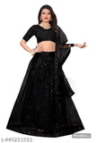 Black embellished Lehenga Choli set for evening events, semi-stitched with embroidered patterns on net fabric. Indian women's wedding wear and festive attire