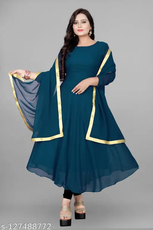 Georgette partywear kurti with dupatta, single-colored, three-quarter sleeves. Indian designer ethnic wear for women's parties or celebrations