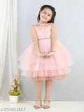 Peach net embellished girls' dress, knee-length toy balloon party wear for 1-2 or 2-3 years old