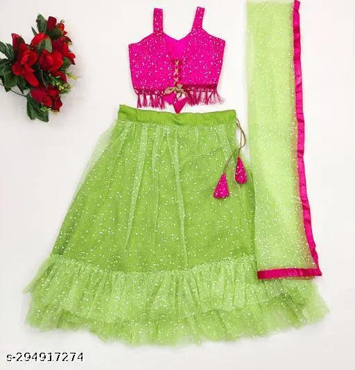 Fully stitched rubber lehenga choli & net dupatta set, vibrant and embellished Indian dress for girls aged 6 months - 10 years
