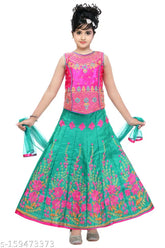 Sleeveless polyester lehenga choli & net dupatta set, embellished with intricate Indian embroidery. Traditional ethnic attire for 12-18 months to 4-5 years old baby girls