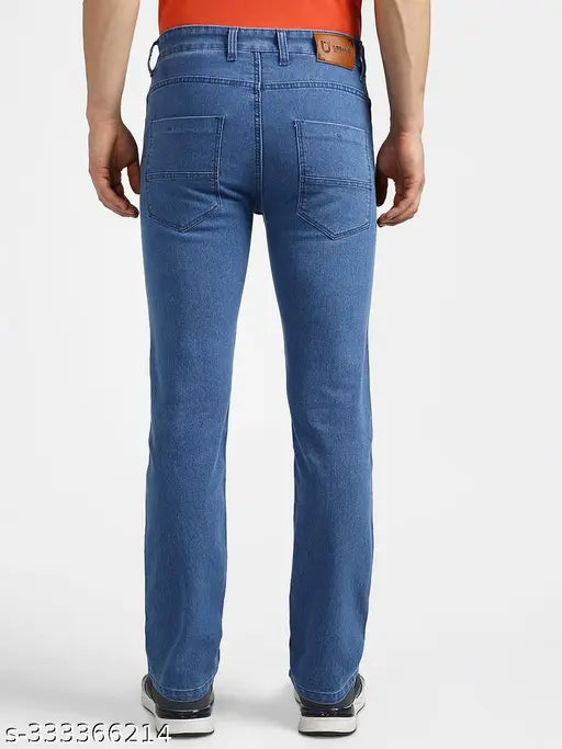 High-quality solid light blue denim jeans for men by Urbano Fashion, suitable for casual and formal occasions. Available sizes: 30 (30-34-38), 32 (32-34-40), 34 (34-34-42), 36 (36-34-44), 38 (38-34-46), 40 (40-34-48). Made in India