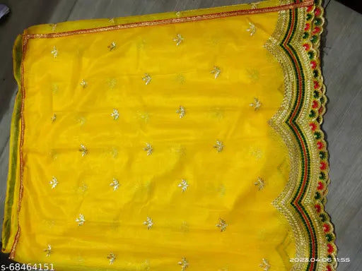 Yellow Bhagalpuri embroidered net saree with separate silk blouse, embellished in intricate patterns and ideal for any occasion. Free size, 4.25m length. Indian handcrafted elegance