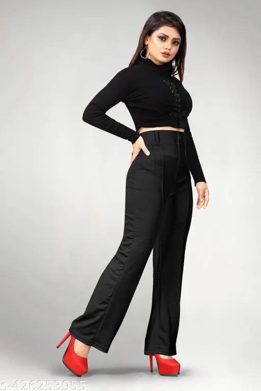 Solid cotton straight-leg trousers for women, trendy retro style with elastic waist and front seam detail, high rise and slim fit