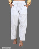 Chikankari cotton palazzo pants for women, white with intricate chikankari embroidery and lacework. Beautiful, stitched salwar in S-10XL sizes from India