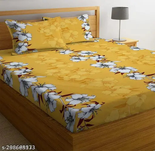 New yellow double bed premium cotton blend flat sheets, floral print, 225x228 cm
