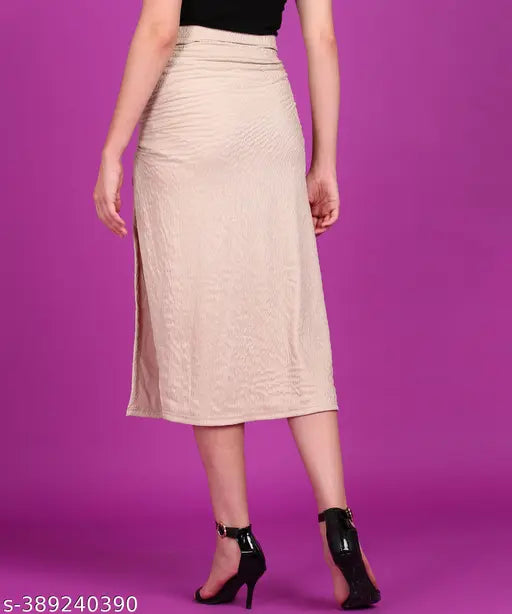 Beige self-design net maxi skirt with long slit, trendy women's polyester clothing for casual outfits - India