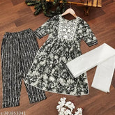 Printed cotton embroidered kurtas set with dupatta and bottom for girls, three-quarter sleeves, net dupatta, traditional Indian fashion, stunning design, trendy, comfortable, lightweight, fine finish, Indian origin