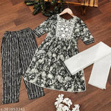 Printed cotton embroidered kurtas and bottom set for girls with net dupatta, 3-quarter sleeves, trendy traditional fashionable clothing, lightweight, soft, sophisticated, elegant, festive wear, wedding wear, India origin