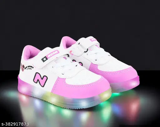 Breathable synthetic leather partywear LED light shoes in pink and white for kids, embellished net design, ideal for casual or sporty use, comfortable insole with velcro fastening