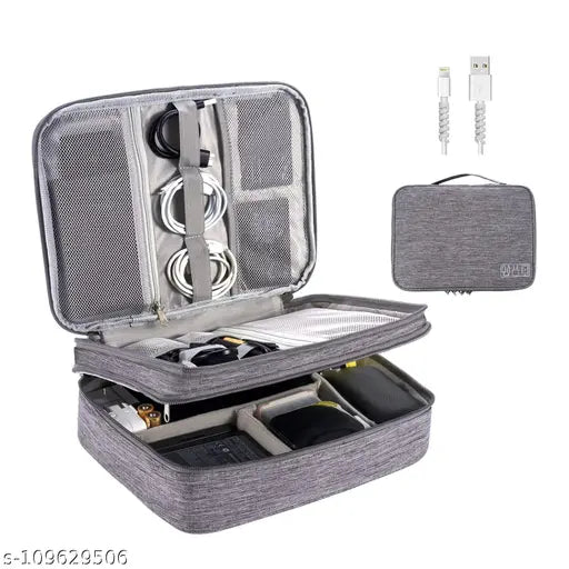 Three-Layer grey fabric travel cable organizer for iPad Mini, Kindle, hard drives, cables, chargers