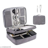 Three-Layer grey fabric travel cable organizer for iPad Mini, Kindle, hard drives, cables, chargers