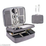 Three-Layer grey fabric travel cable organizer for iPad Mini, Kindle, hard drives, cables, chargers