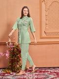 Blue viscose embroidered women's kurti set and pant for festivals, 3/4 sleeves, striped lining