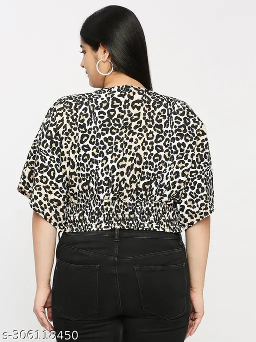 Animal print polyester smart casual crop top, short sleeves, V-neck, India origin