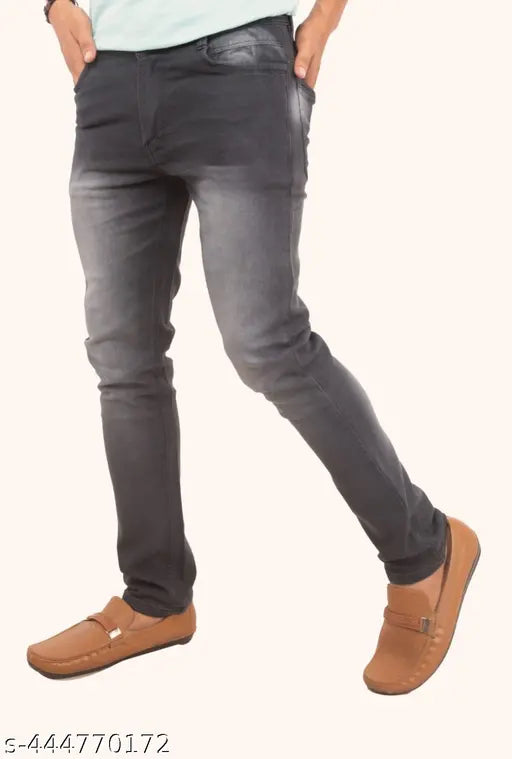 Grey slim-fit denim jeans for men, stylish partywear with dyed/washed pattern, size 30 (waist 30", length 42", hip 38")