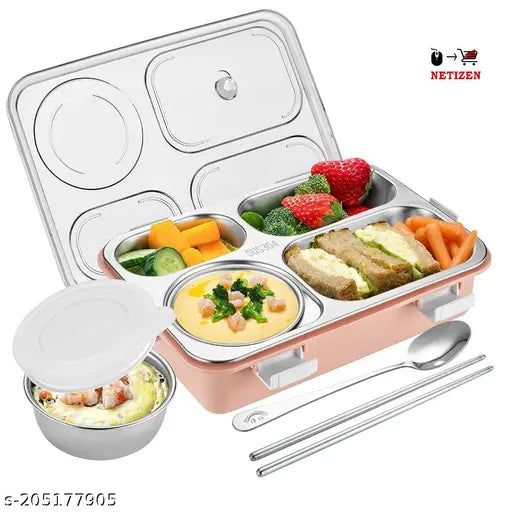 Multicolor stainless steel 4-compartment lunch box for kids, school & office - perfect for meals on the go