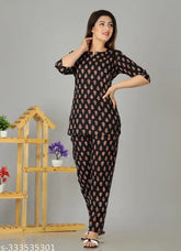 Rayon discharge printed nightsuit, stylish cotton night suit for women, India-made, three-quarter sleeves pyjamas