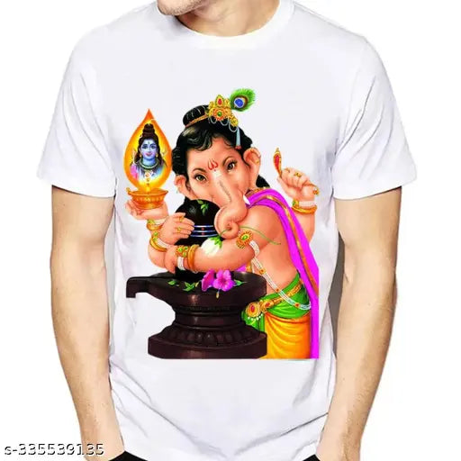Cotton silk printed Ganesha T-shirt, white short sleeves for men and boys, Indian origin