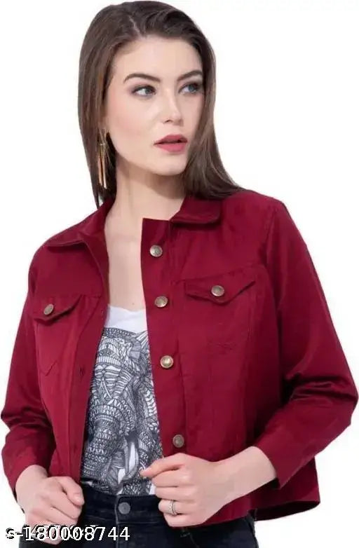 Stylish maroon denim jacket for women, solid maroon three-quarter sleeve