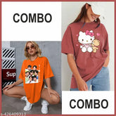 Trendy cotton-blend oversized t-shirts for women and girls combo pack, printed with vibrant casual designs in three-quarter sleeves