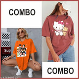 Trendy cotton-blend oversized t-shirts for women and girls combo pack, printed with vibrant casual designs in three-quarter sleeves