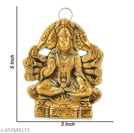 Gold Panchmukhi Hanuman ji Murti/Bajrangbali Idol for wall hanging and gifts, ornate decorative showpiece (11cm x 13.5cm)