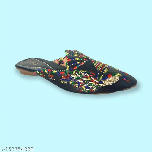 Black synthetic bell bottom ballet flats by Fiia, embellished, Swarovski accents, ideal for ethnic and casual wear