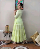 Light green Lurex embroidered flared gown for women, rayon with three-quarter sleeves, perfect for formal events