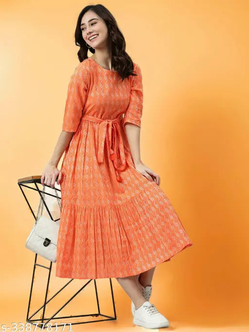 Orange cotton kurti with printed combo, three-quarter sleeves, women's fashion - Taj Trends Jeniffer