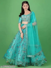 Organza net embroidered frill unstitched Lehenga, Choli & Dupatta set, machine washable Indian Leheriya design for girls aged 3-14 years