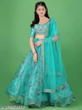 Organza net embroidered frill unstitched Lehenga, Choli & Dupatta set, machine washable Indian Leheriya design for girls aged 3-14 years