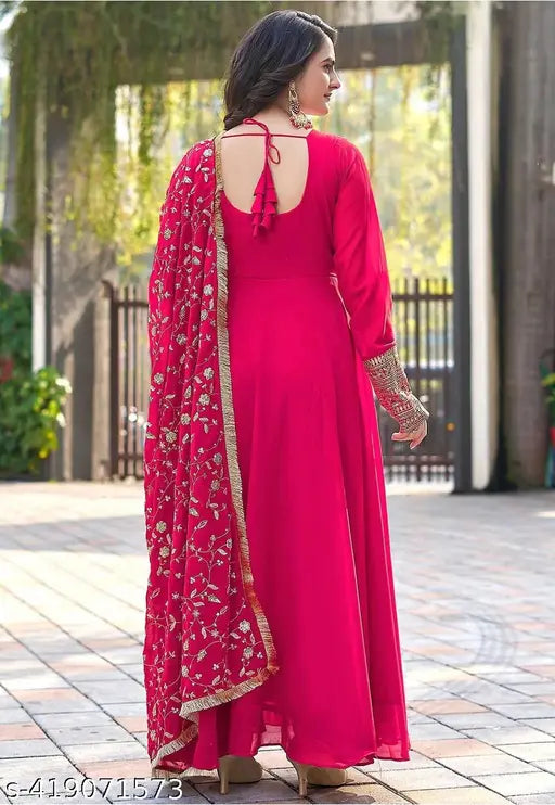 Georgette MK Ethnic Anarkali 2Piece Pink Dress with Embroidery, no bottom wear for women