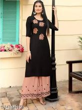 Peach and black embroidered Rayon kurta with Palazzos, featuring handcrafted designs from Jaipur