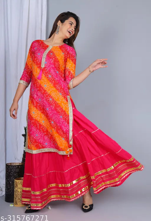 Rayon kurta skirt set with dupatta and cotton bottomwear, printed with vibrant Indian designs, perfect for women and girls