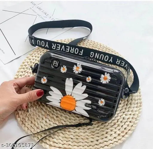 Canvas printed net mini suitcase bag for girls, adjustable loop belt and hand strap, ergonomic design, roomy yet portable