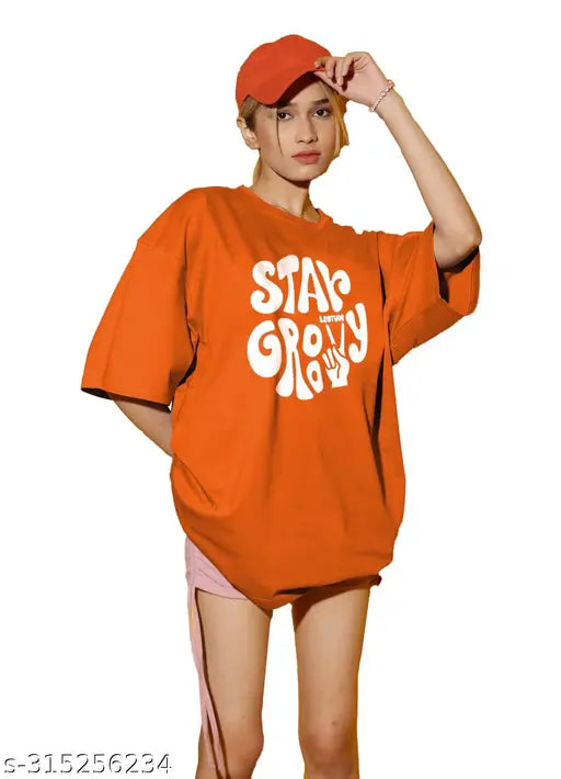 Printed oversized cotton blend round neck T-shirt, plus size available, women's fashion clothing