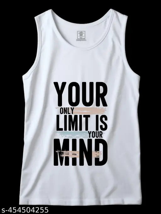 Black polyester printed tank top vest for men and boys, featuring 'Your Only Limit is Your Mind' motivation quote