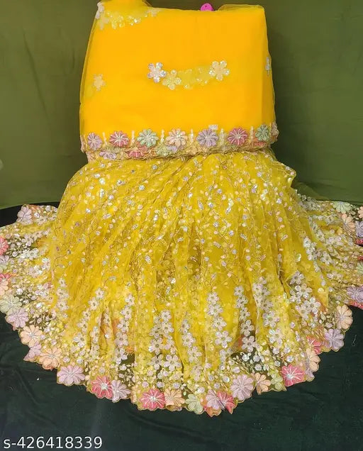 Embroidered net sequin lehenga-choli fabric, unstitched (47.5in waist, 69in length), perfect for Indian gowns & lehengas