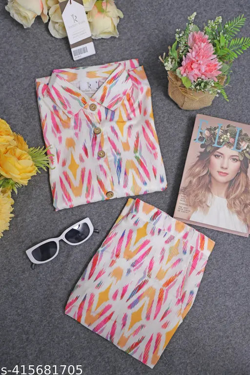 Women's round neck top & bottom sets printed cordset for women & girls, polycotton three-quarter sleeves set for party wear, picnic wear, vacation wear