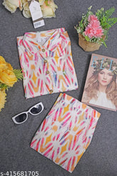 Women's round neck top & bottom sets printed cordset for women & girls, polycotton three-quarter sleeves set for party wear, picnic wear, vacation wear