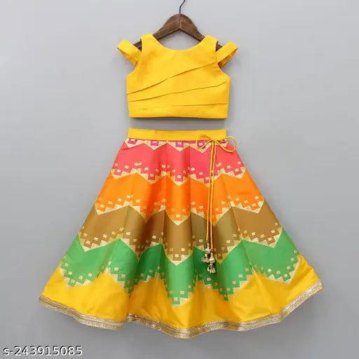 Yellow satin lehenga choli for kids, leheriya pattern, sleeveless, stylish party frock, self-fabric belt, digital floral print