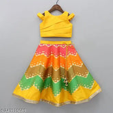 Yellow satin lehenga choli for kids, leheriya pattern, sleeveless, stylish party frock, self-fabric belt, digital floral print