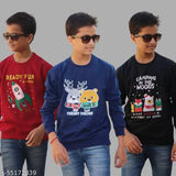 Boys winter fleece round neck sweatshirts, pack of 3, polycotton, long sleeves, printed net design for kids sizes 4-5 (27in/19in), 5-6 (29in/20in), 7-8 (31in/21in), 9-10 (33in/22in), 10-11 (35in/23in), 12-13 (37in/25in). Great gift for cold weather!