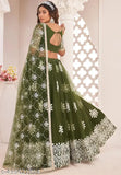 Dark green embroidered semi-stitched Lehenga, free size with unstitched blouse and matching dupatta, Indian craftsmanship