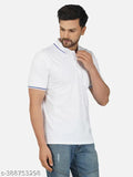 Solid white men's cotton polo shirt with blue tipping, half sleeve, perfect for everyday wear